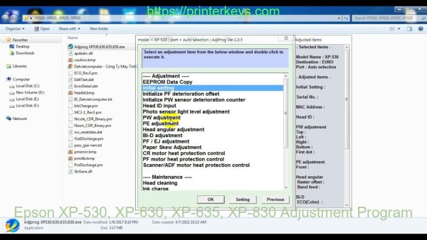 Epson XP-530, XP-630, XP-635, XP-830 Adjustment Program